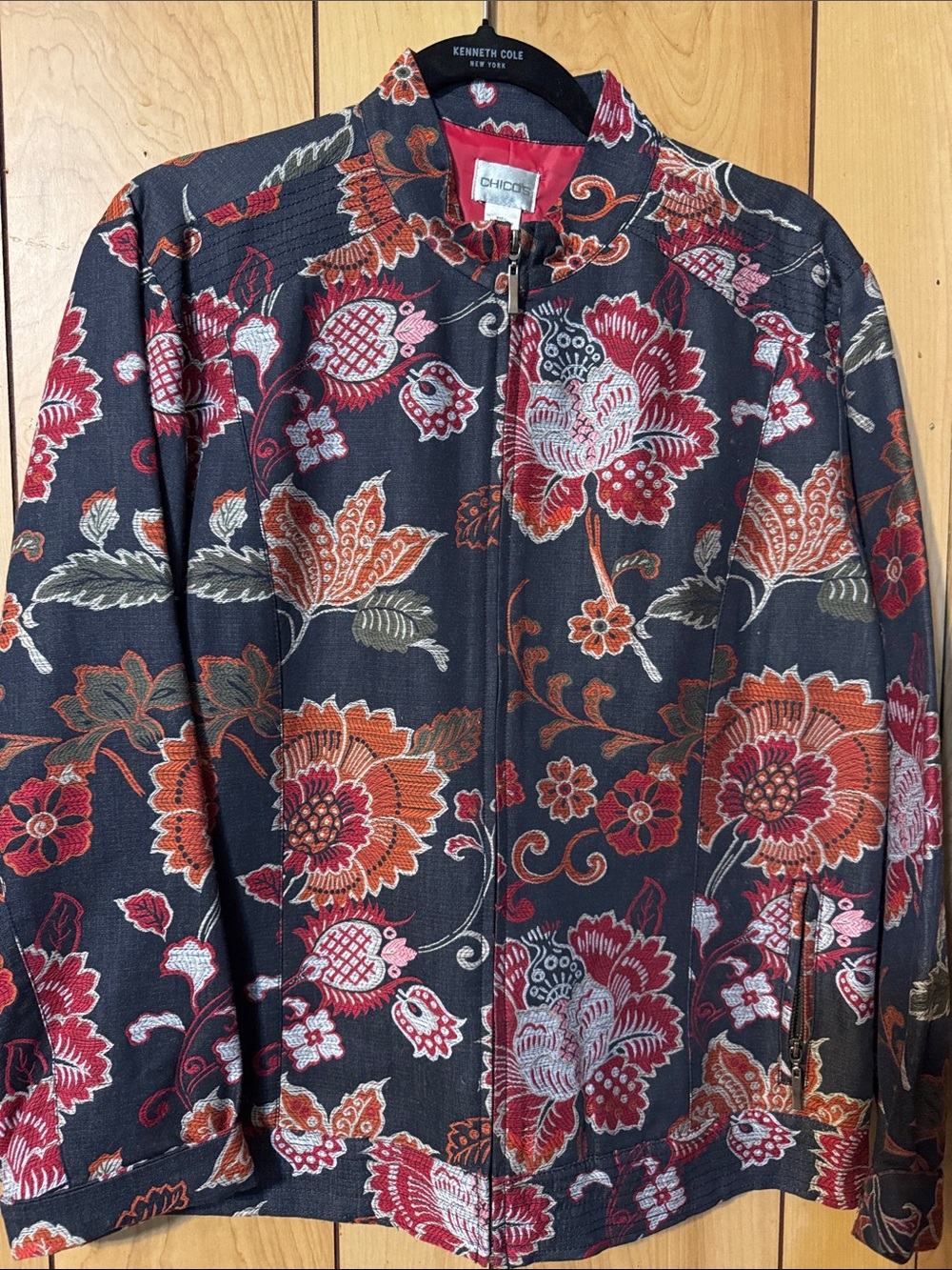 Chico's Black Bomber Jacket with Red & Rust Floral